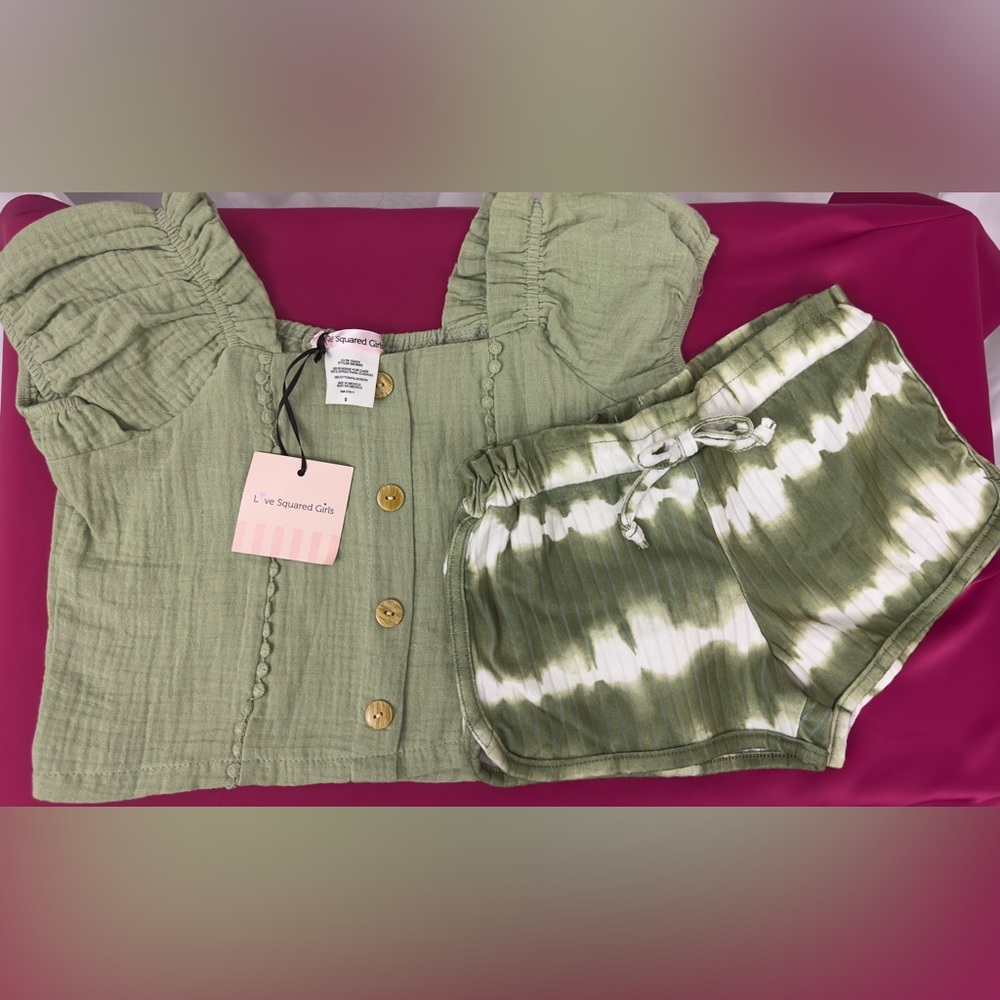 Girls Size 5 Sage Green Cotton Ruffle Top & Tie Dye Pull On Shorts           NWT